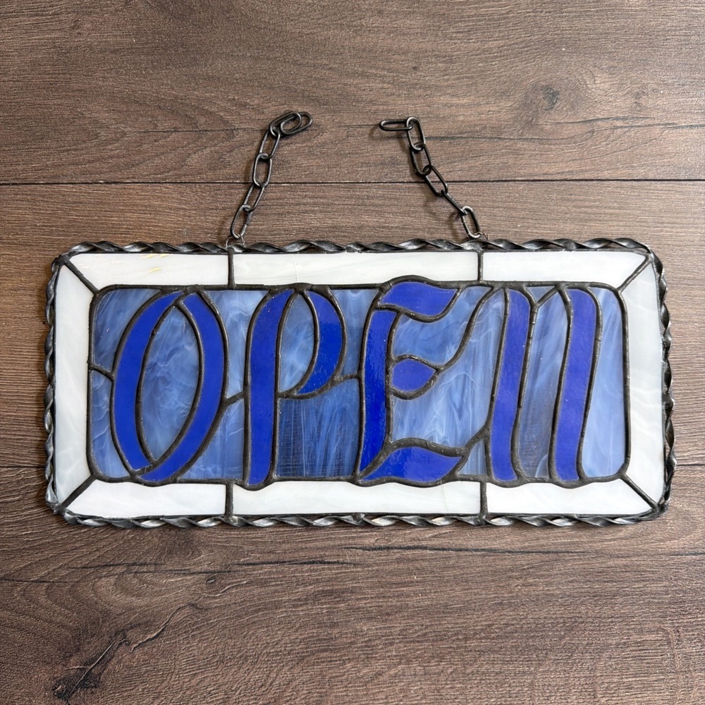 Vintage Faux Stained Glass Blue White Open Business Sign Hanging 13x6